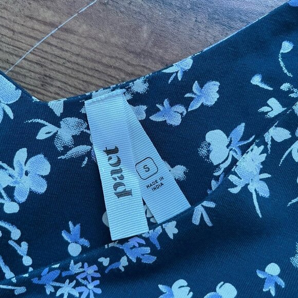 Pact Organic Womens Party Dress Sz Small Dark Teal Blue White Floral Midi V-neck - Picture 7 of 8